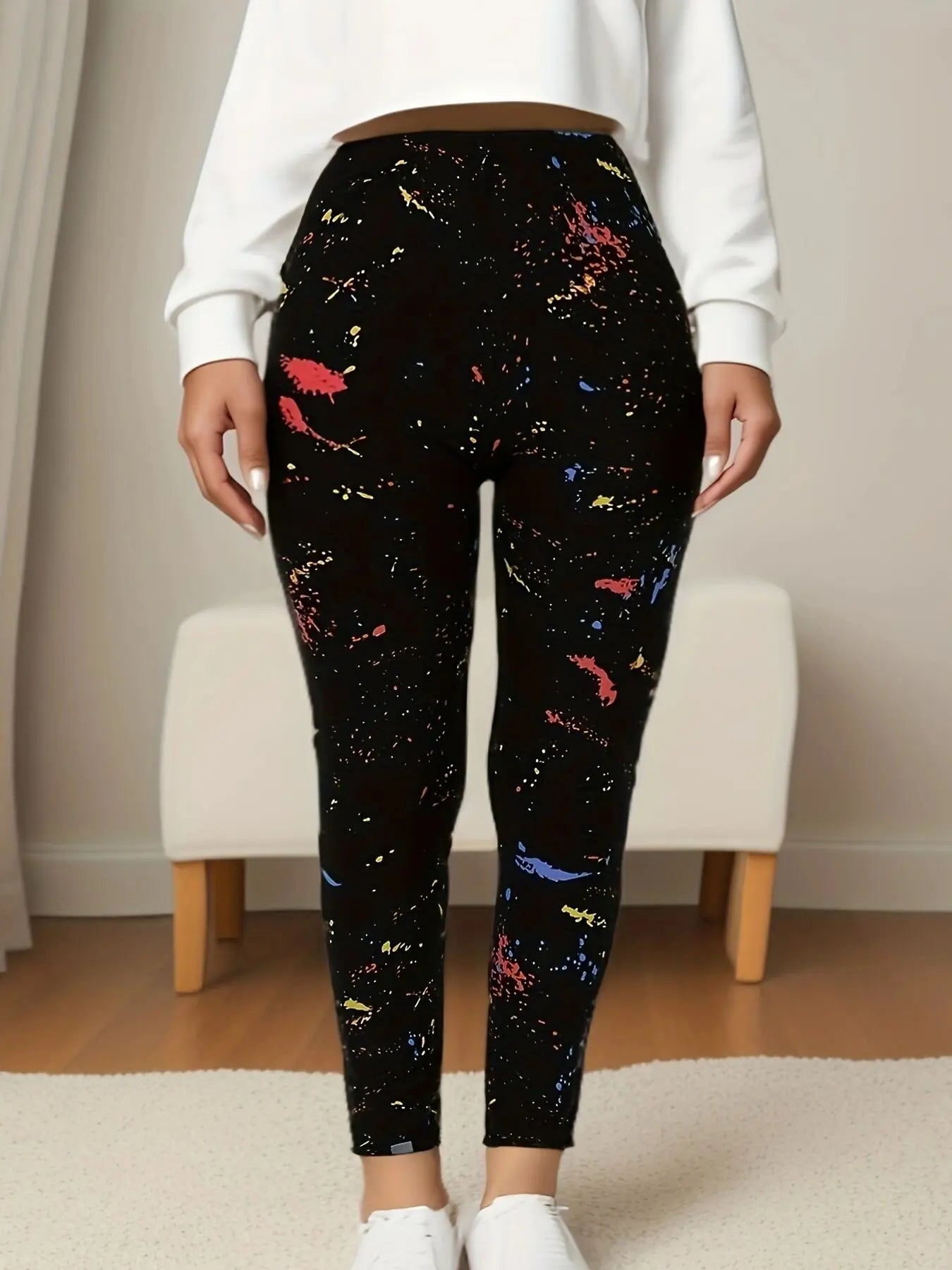 CUHAKCI Black Inkjet Plus Size Sports Tight, Women's Leggings, High Elasticity .