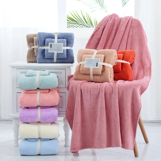 2pcs Set Luxury Super Large Towel Coral Fleece Bath Towel Set for Adults 70x140cm 35x75cm