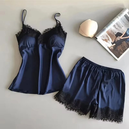 Women Pajama Suit, V-Neck Baby doll Lace Lingerie Short Set.
