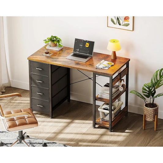 Bureau d'ordinateur compact de 102 cm avec 4 tiroirs en tissu, pour petits espaces.
