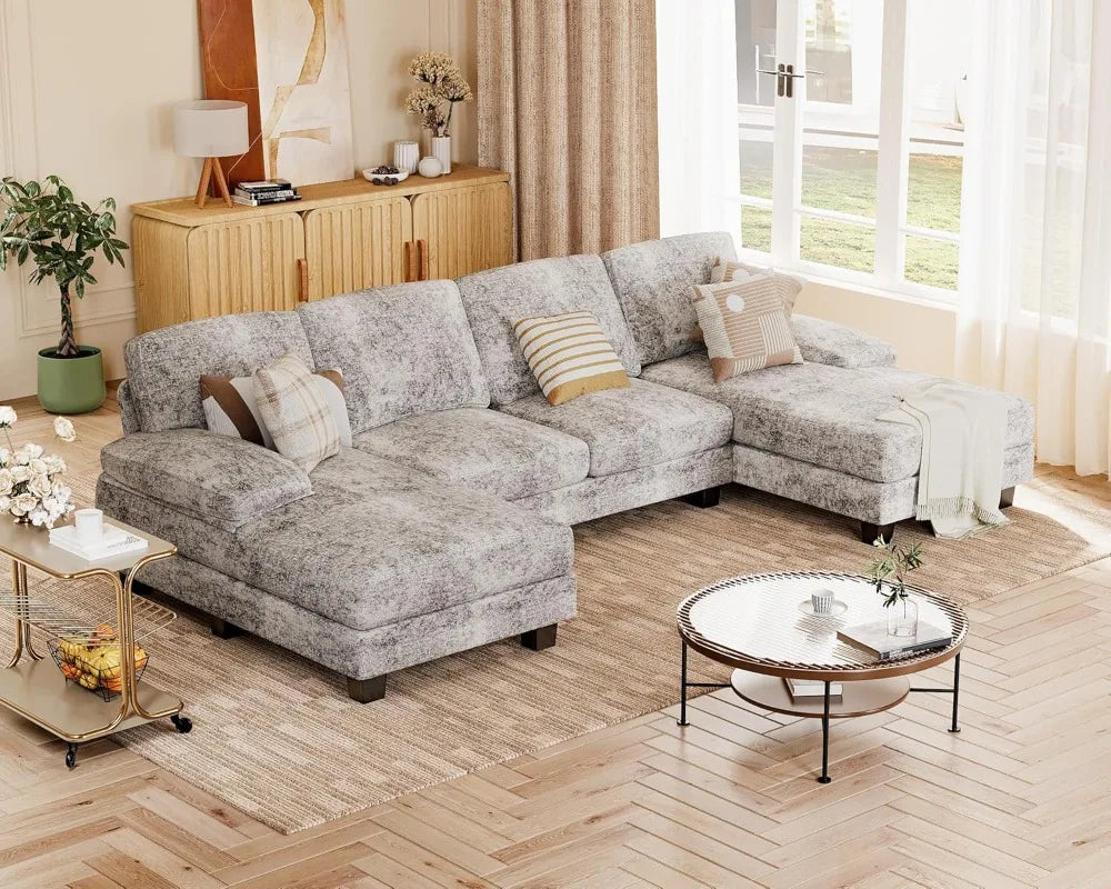 U-Shaped Sectional Sofa, 4-Seat Chenille Fabric Couch with Removable Pillows for Living Room, Apartment & Small Space (Grey)