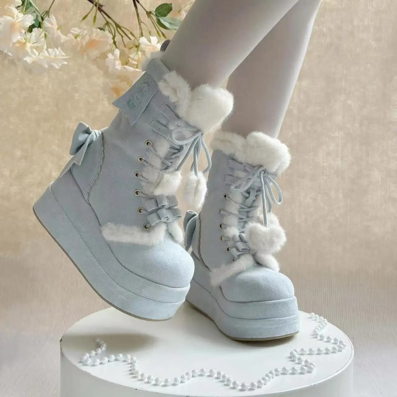 Sweet Winter Girls Lolita Mid-Calf Snow Boots, Cute Female Plush Stars Warm Bowknots Wedge Heel Heightening Shoes.
