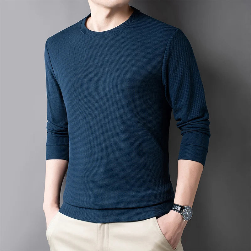 Men Casual Waffle Round Neck T-shirt Breathable, Comfortable, and Fashionable Long Sleeved T-shirt.