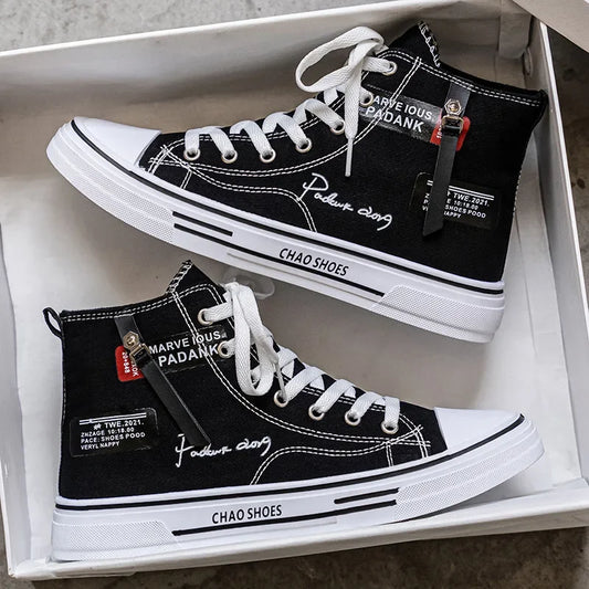 Casual Canvas Shoes for Men, High Top Black Fashionable Spring, Summer, Autumn, Winter Youth Leisure Shoes.