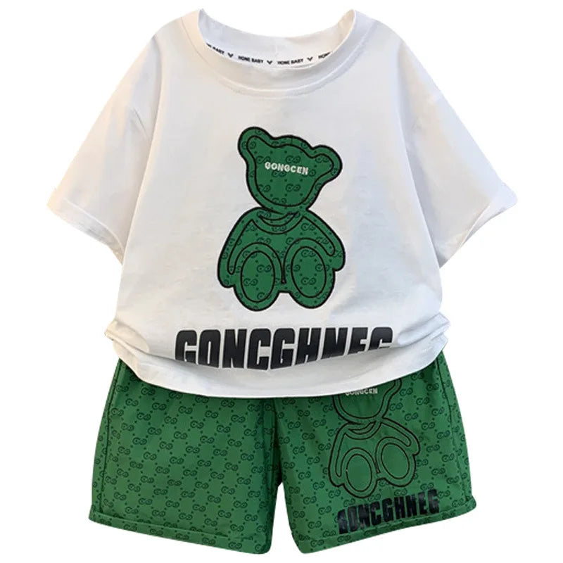 Children Boy Clothes Set, Kids Cartoon Bear T-shirts and Shorts, 2 Piece Suit.