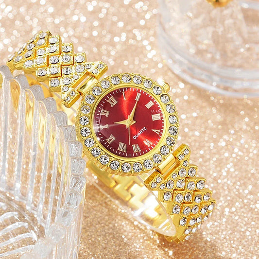 5Pcs Golden Luxury Watch Women Ring Necklace Earring Rhinestone Jewelry Set.