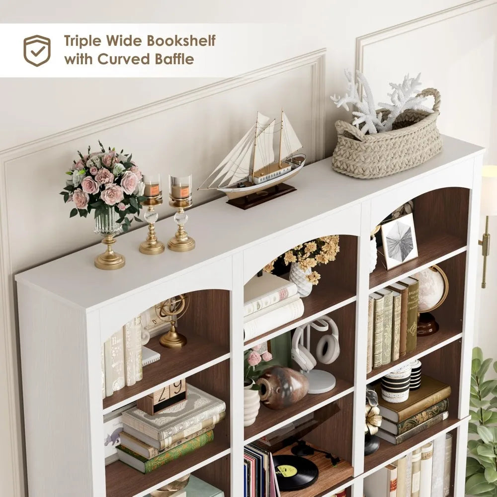 71" Triple Wide Bookshelf, 6 Tier, Tall Bookcase with Curved Baffle,18 Open Shelves for Living Room, Study.