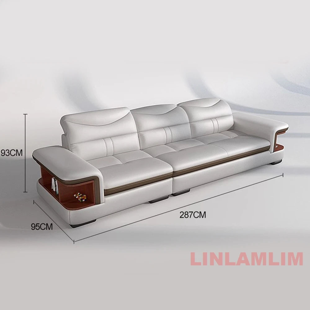 L-Shaped Sectional Sofa with Chaise, Genuine Leather adjustable headrest, Storage, USB,