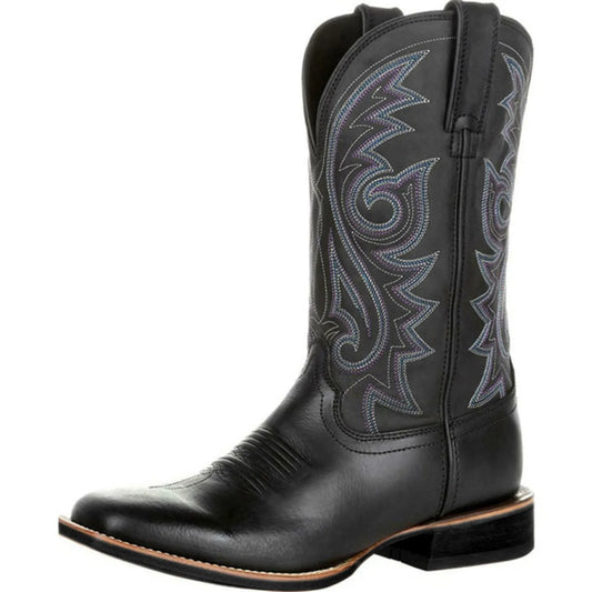 Men Boots Mid Calf Western Cowboy Motorcycle Boots Male Autumn Outdoor PU Leather Totem Med-Calf Boots Retro Designed Men Shoes
