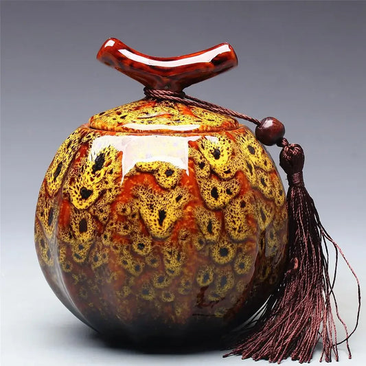 Tarro de té estilo calabaza, barril de té de cerámica amarillo, verde, rojo, bote de almacenamiento sellado.