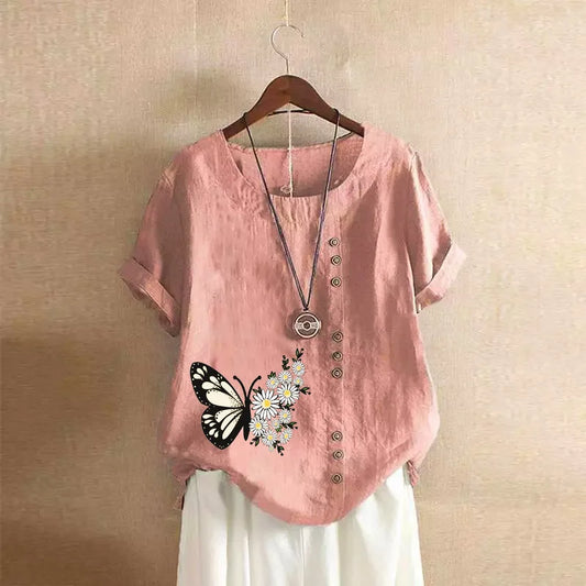 Cotton Linen Streetwear Summer Y2k Tops Vintage Fashion, Casual Shirts for Women ,Elegant Tees