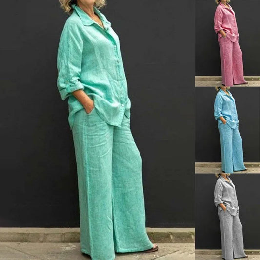 Two Piece Sets Women Outfits, Fall Simple Long Sleeve Shirt Loose Trousers Set Office Casual.