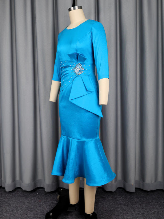 Elegant Satin Mermaid Dress for Women O Neck, Half Sleeve, Peplum Waist , Church Formal Events Gowns.