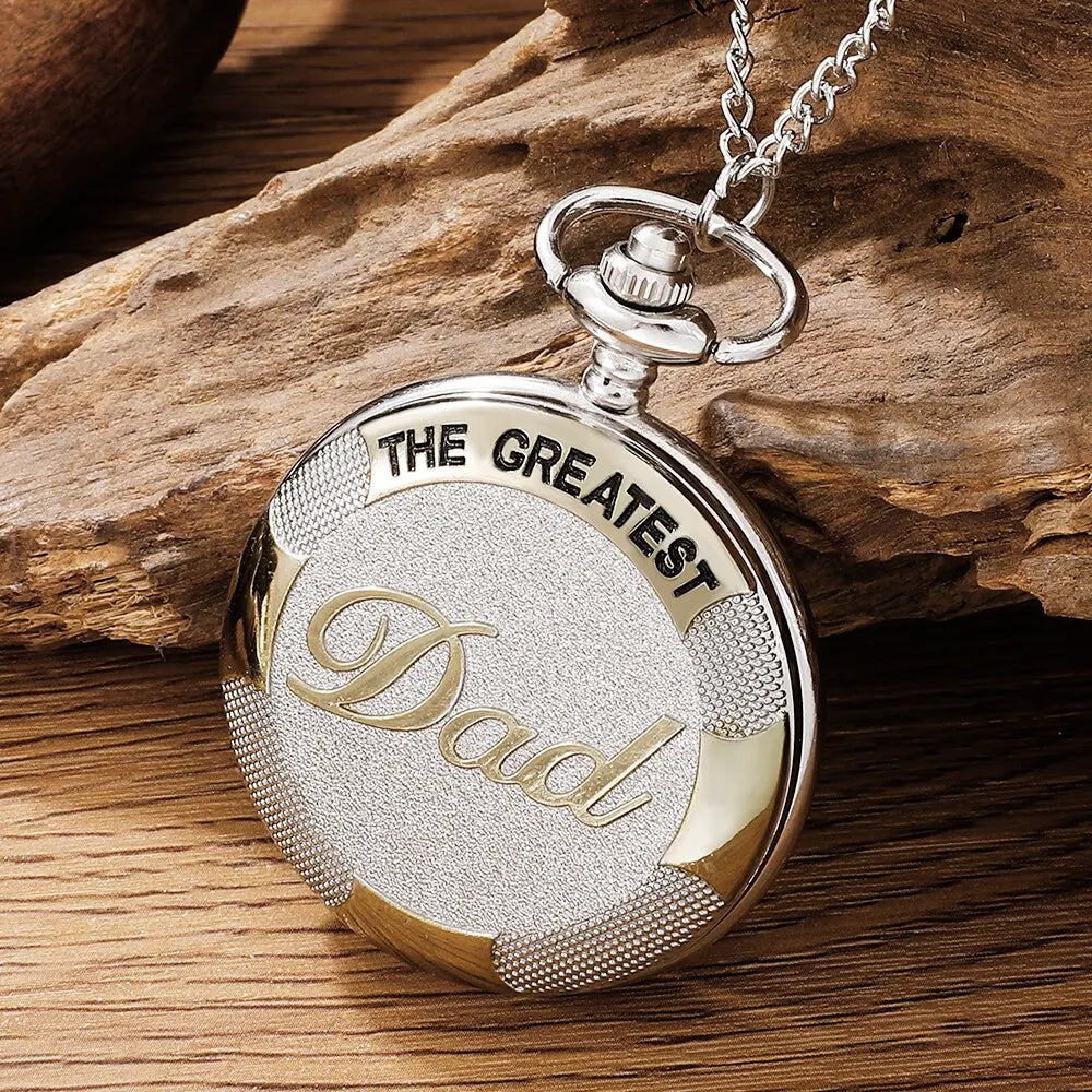 Vintage Silver Golden Luxury THE GREATEST DAD Quartz Pocket Watch Fob Chain Necklace.