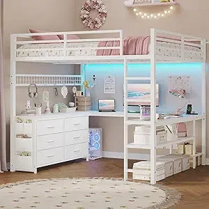 Loft Bed Full Size with U-Shaped Desk, 6 Storage Drawers, Power Outlet, LED.