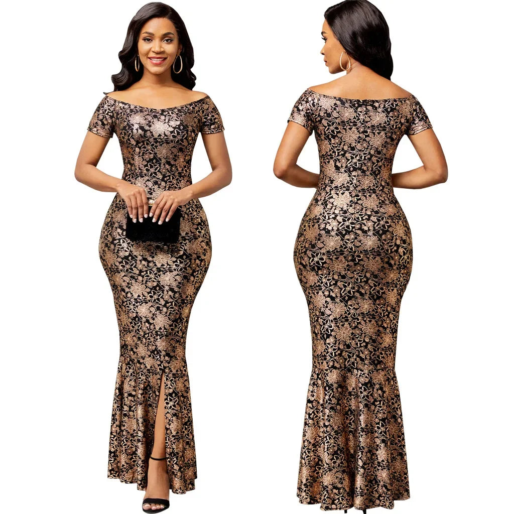 Women Dress Elegant Flower Party Dress, Off the Shoulder Short Sleeve, Slit Maxi Long Dresses for Woman.