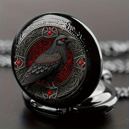 Gothic Design Black Raven Pocket Watch With Necklace Alloy Case & Band,Quartz Movement, Non-Waterproof Watch for Men.