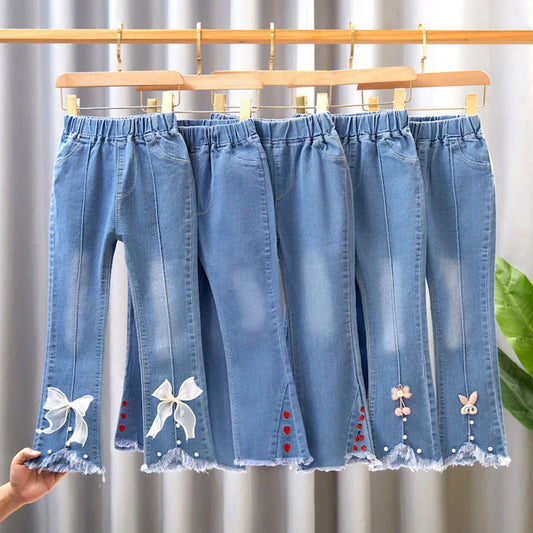 2024 New Autumn Elastic Kids Jeans, Girls Cute Leisure Bow Denim Children Flared Pants.
