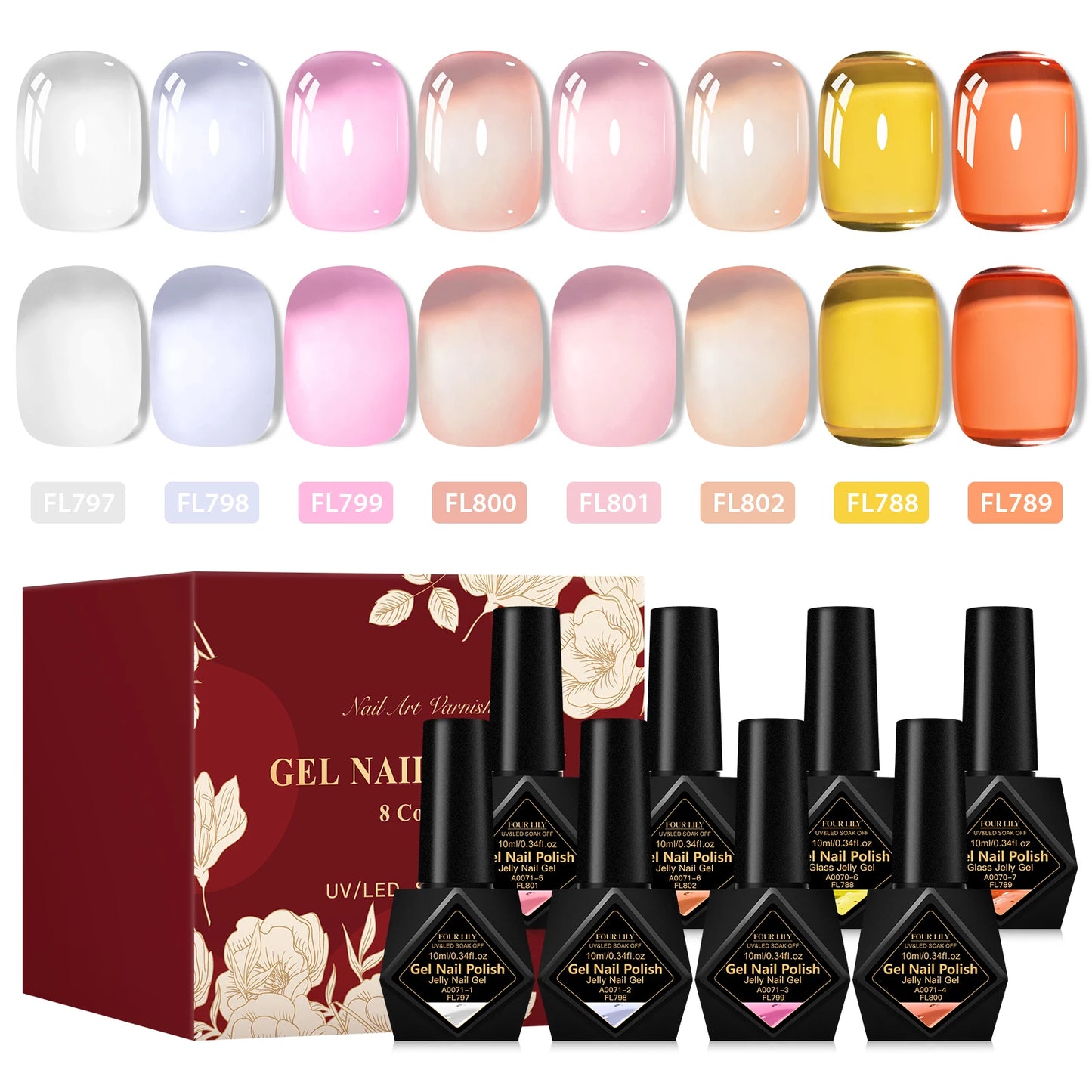8pcs 10ml Jelly Glass Gel Nail Polish Set, Semi-transparent Red ,Purple Gel Polish Varnish, Nail Art Semi Permanent UV Gel Varnish.