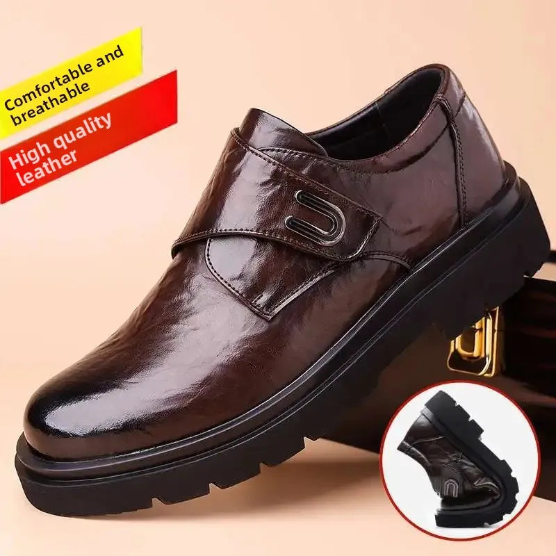 Casual Breathable Business Men Leather Shoes, Thick Bottom Slip-On Trendy Rubber Sole.