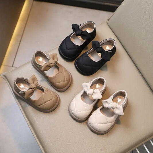 Children Leather Shoes for Girls Shallow Bow Solid Color