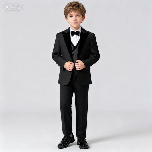 2025 New Kids Suit Set, 4 Pieces Formal Suits for Boys, Jacket, Vest, Pants, Bowtie Velvet Collar.