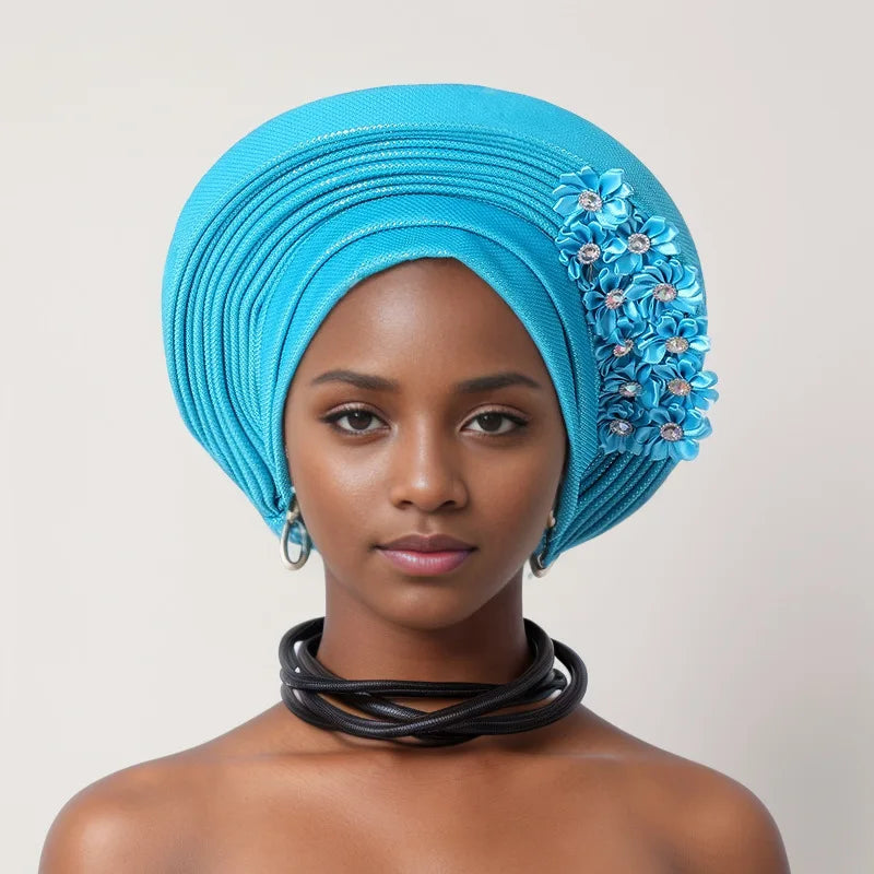 Red Multi-Layered, Turban Hat African Fan Shaped Head Wraps ,Pleated Headwear With Crystal.
