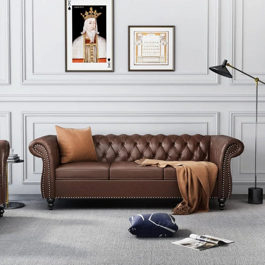 2pc Modern Tufted Faux Leather Living Room Sofa Set With Button & Nailhead Trim Scroll Arms, Grey, Customized