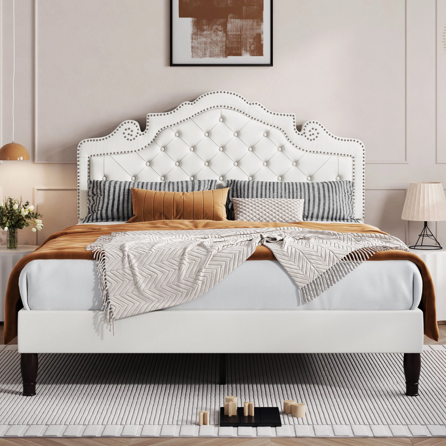 Bed Frame with Adjustable Velvet Tiara Headboard, Upholstered Diamond Button.