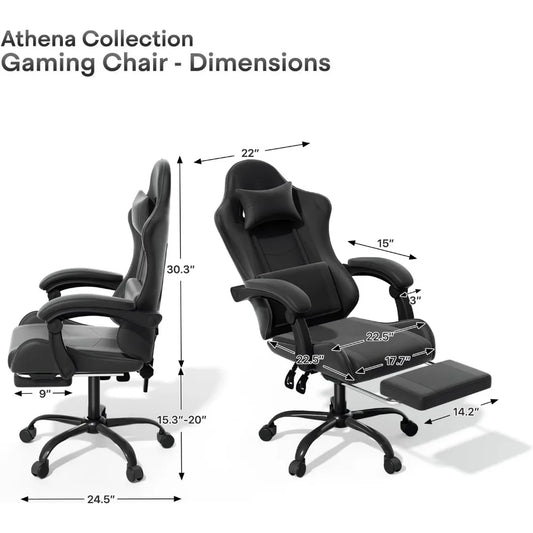 Chaise de jeu Athena Collection en fibre de carbone noire - Ergonomique avec repose-pieds, appuie-tête, support lombaire, réglable en hauteur et pivotante.