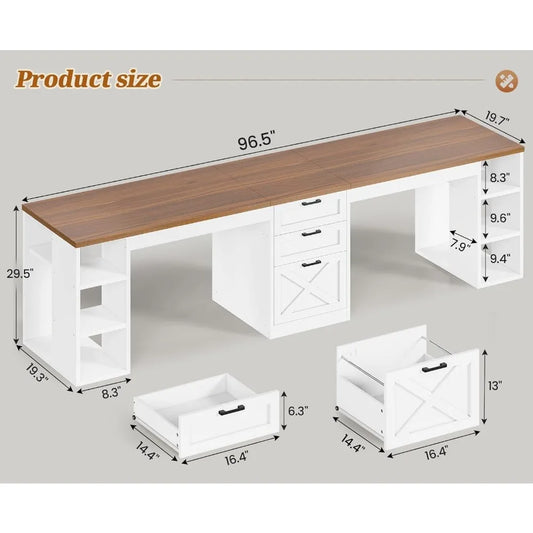 Bureau d'ordinateur de ferme de 96,5 pouces avec tiroirs, bureau double pour 2 personnes avec rangement pour le bureau à domicile.