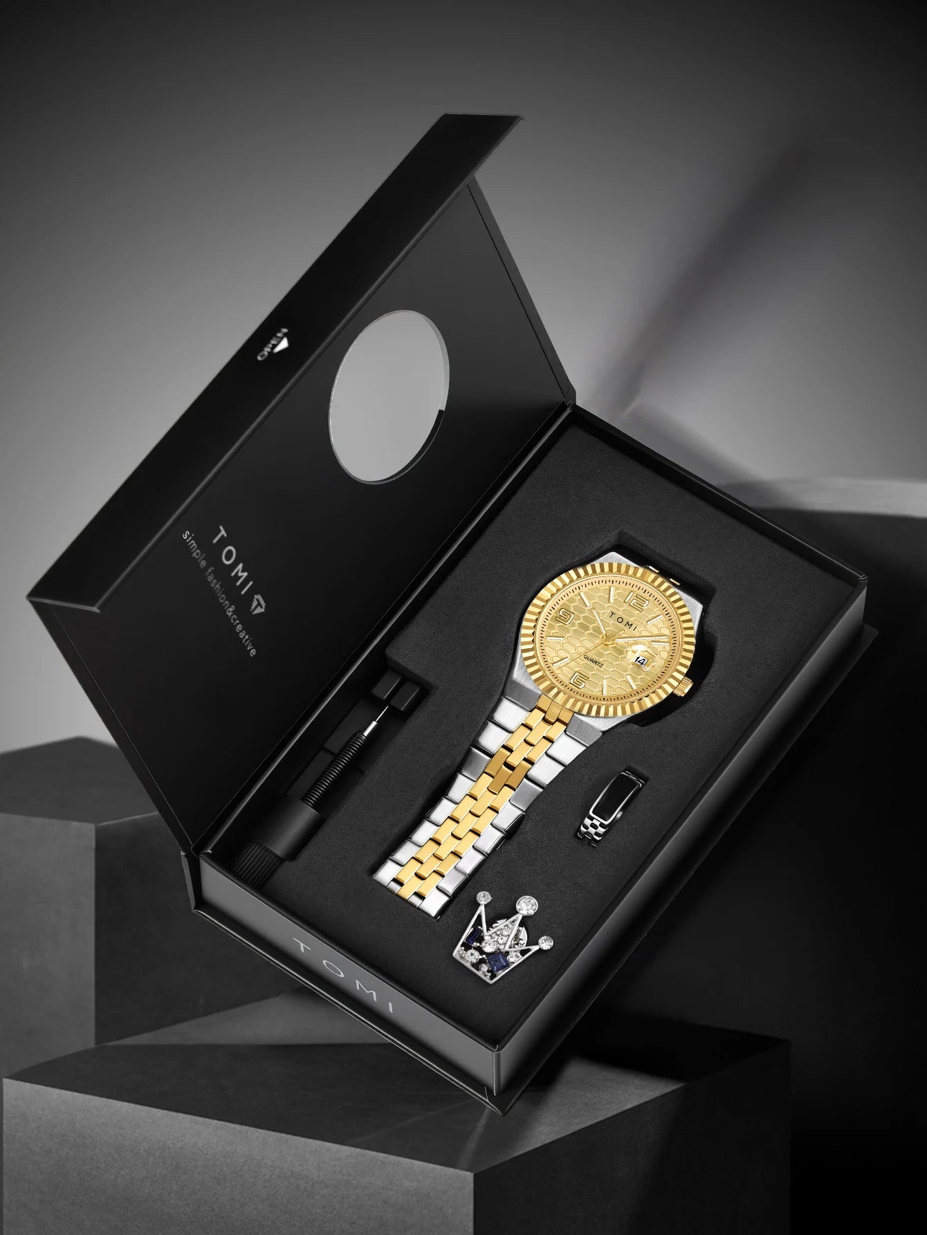 Luxury Men's Watch Steel Band, Calendar, Multi-function Quartz Watch, Ring, Cufflink Gift Box Set.