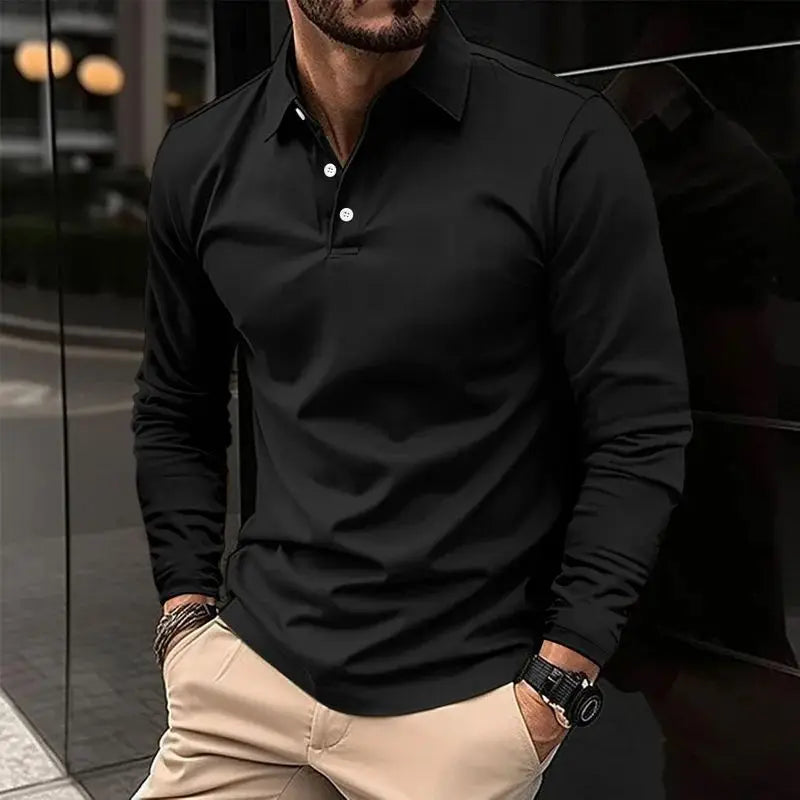 Men Solid Color Long Sleeved Polo Shirt, Spring and Autumn New Product Simple Exquisite Loose and Casual Men Tops.