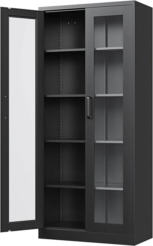 Vitrine en verre de 170 cm avec 4 étagères réglables. Armoire de rangement robuste en acier pour la maison et le bureau.