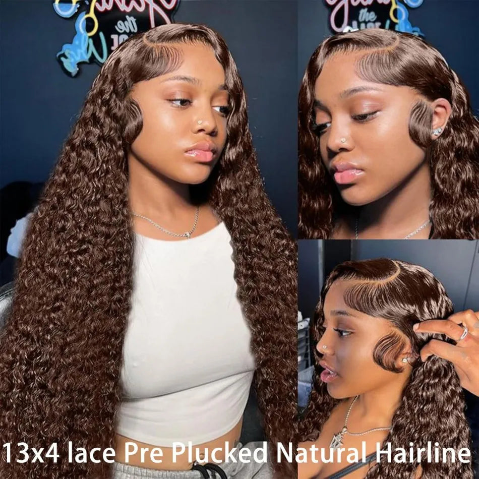 Deep Wave Lace Frontal Wig Chocolate Brown,13X6 Human Hair Wigs, Hd Lace 100% Human Hair 250 Density, Brazilian Hair Wig.