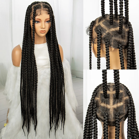 Full Lace Braided Wigs, Knotless Box Braids, for Black Women 34 inches Long Black