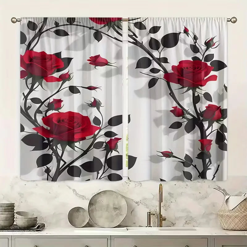 2pcs Elegant Red Rose & Black Leaf Pattern Curtains, Designed for Light Blocking.