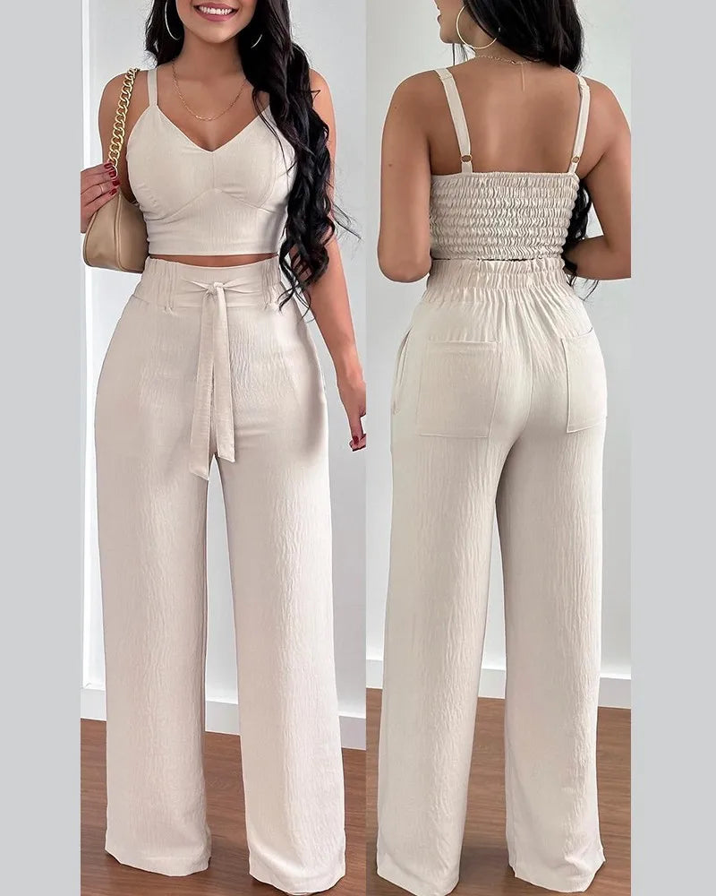 2 Piece Outfits For Women 2025 Sexy V-Neck Strap Shirred Slim Crop Top & Lace-up Wide Leg Pants Sets.