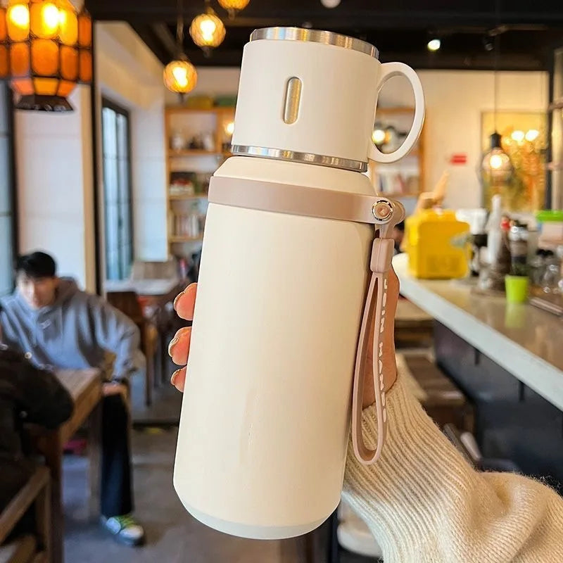 600ML Stainless Steel Insulated Bottle, with Cup Lid Rope Handle, Office, Home ,Portable Thermos Cup.