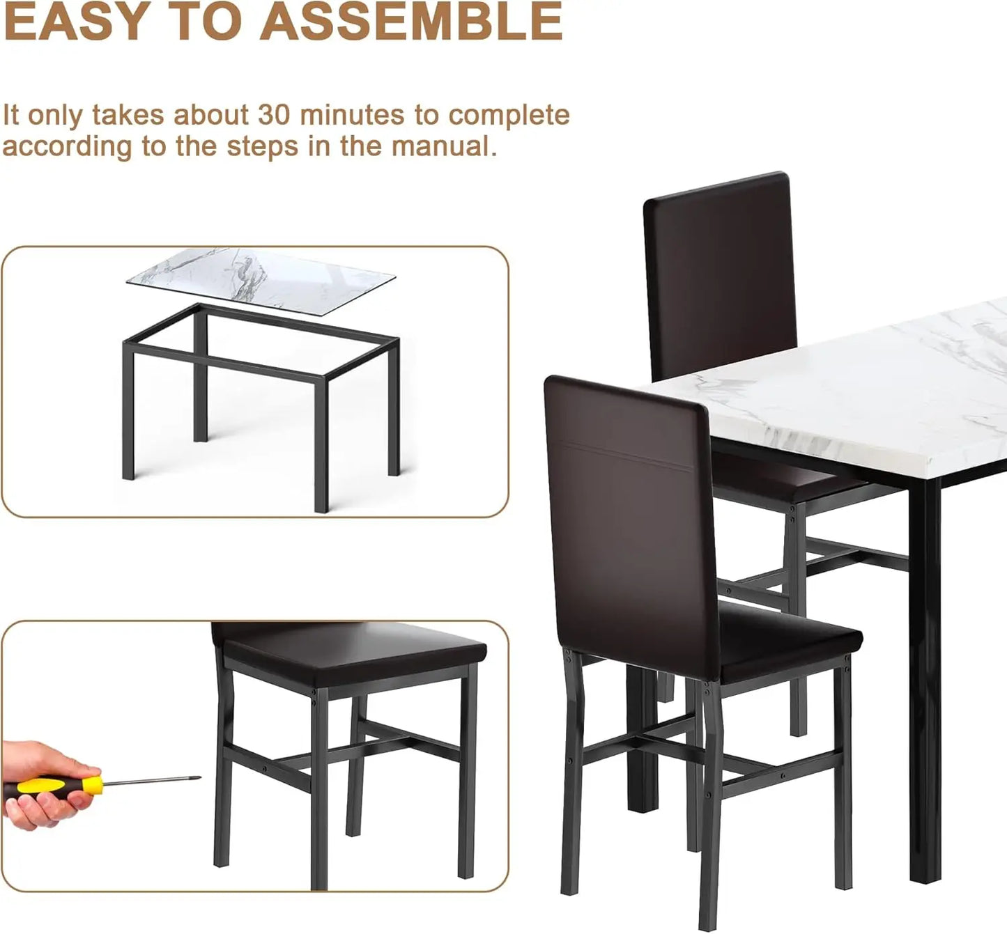 Dining Table Set for 4, Modern Kitchen & Dining Room Sets, Faux Marble Table with 4 Leather Chairs.