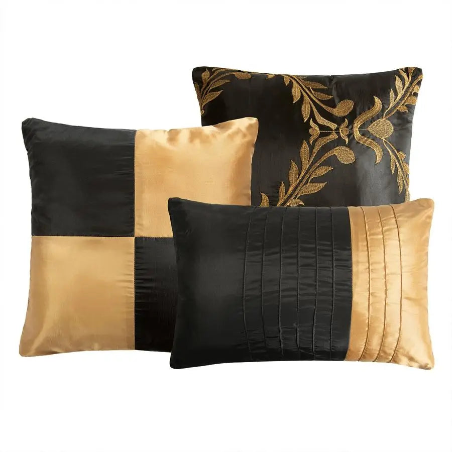 7 Piece Bed in A Bag Comforter Set, Queen Black and Gold Faux Silk Fabric Embroidered, Breathable and Wrinkle Resistant.