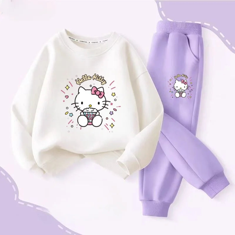 Autumn Baby Girl Clothes Set, Children Senerio Hello Kitty Cartoon Print Sweatshirt and Pants.