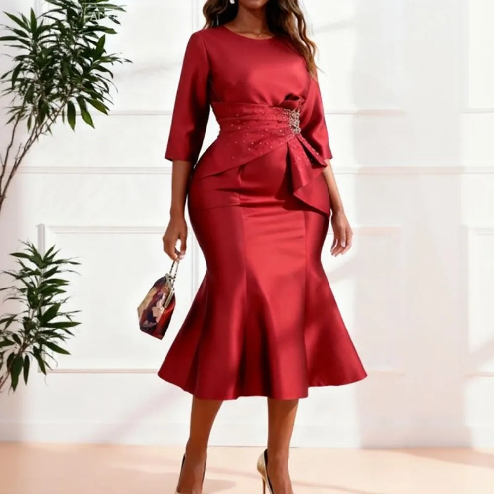 Elegant Satin Mermaid Dress for Women O Neck, Half Sleeve, Peplum Waist , Church Formal Events Gowns.