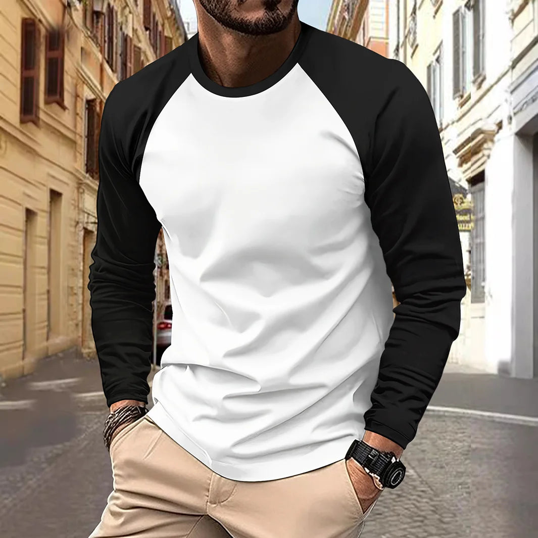 Men T-shirts Long Sleeve O-neck, Casual Raglan Sleeves Color Matching for Men.