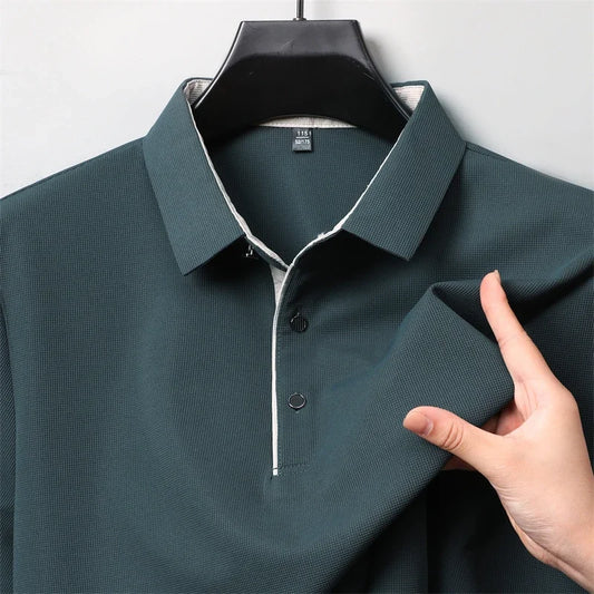 Nueva camisa polo de manga larga de color liso para hombre, informal de negocios, a la moda, cálida y cómoda para las cuatro estaciones.
