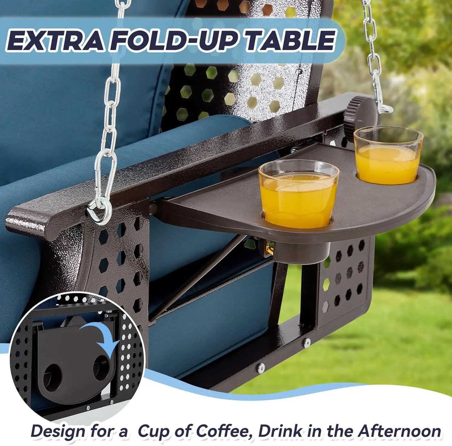 3 Seat Porch Swing, Patio Swing Bench with Cup Holders & 3 Back Cushions.