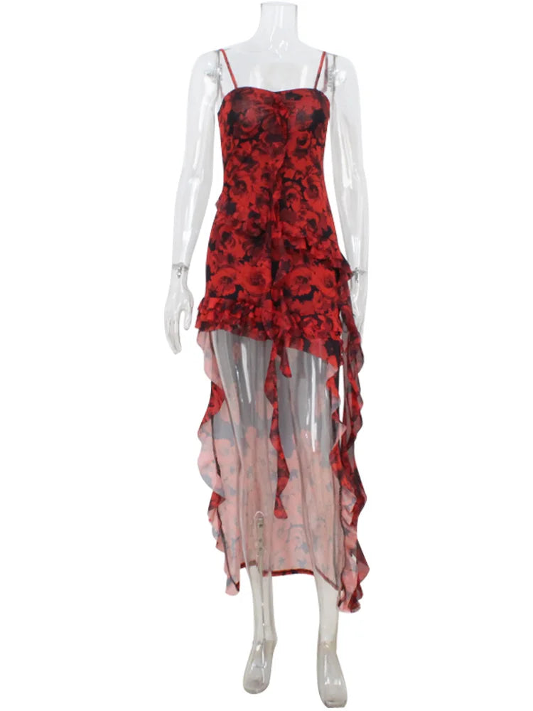 Summer Fashion Women Strap Dresses, Print Asymmetrical Chiffon Floral Streetwear.
