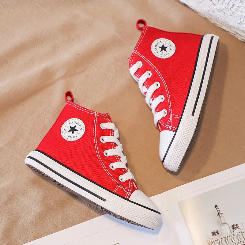 Children High-Top Canvas Shoes, Soft Bottom Comfortable Non-slip Casual Shoes, Simple Solid Color Lace-Up Canvas Shoes.