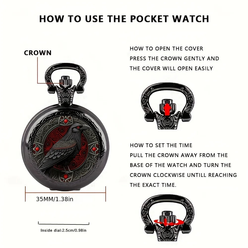 Gothic Design Black Raven Pocket Watch With Necklace Alloy Case & Band,Quartz Movement, Non-Waterproof Watch for Men.