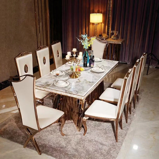 Luxury Dining Set: 6 Stainless Steel Genuine Leather, Rectangle Marble Table